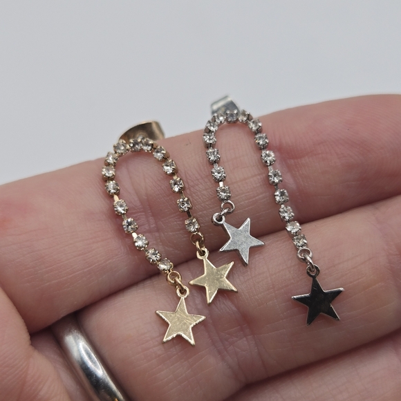 Shooting Stars Cz Crystal Dangle Earrings Fairy Silver AND Gold Tone Mixed Metal - Picture 3 of 4